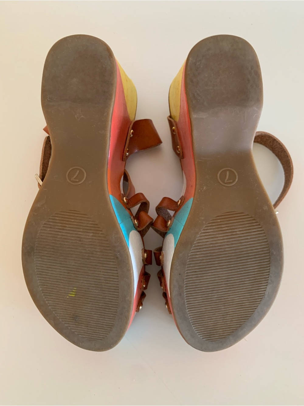 Mossimo Supply Co. Brown Leather Wedge Sandals with Colorful Painted Waves - Picture 7 of 7